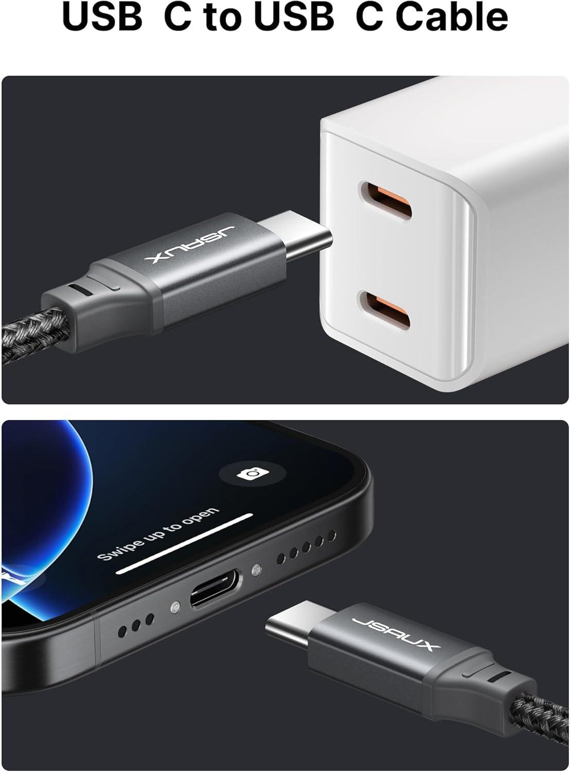 imageJSAUX 100W USB C to USB C Cable 2Pack 15FT Type C Fast Charging Cord for iPhone 17 AiriPhone 17iPhone 17 ProiPhone 17 Pro Max iPhone 1615 Series Galaxy SNote Series MacBook iPad  Grey