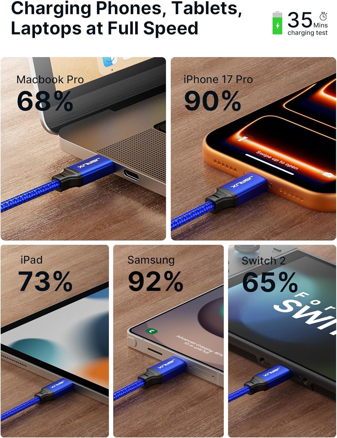 imageJSAUX 100W USB C to USB C Cable 2Pack 66FT Type C Fast Charging Cord Compatible with iPhone 17iPhone AiriPhone 17 ProiPhone 17 Pro Max iPhone 1615 Series Galaxy SNote MacBook iPad  GreyBlue