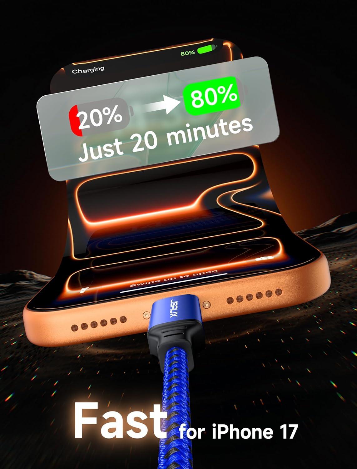 imageJSAUX 100W USB C to USB C Cable 2Pack 66FT Type C Fast Charging Cord Compatible with iPhone 17iPhone AiriPhone 17 ProiPhone 17 Pro Max iPhone 1615 Series Galaxy SNote MacBook iPad  GreyBlue