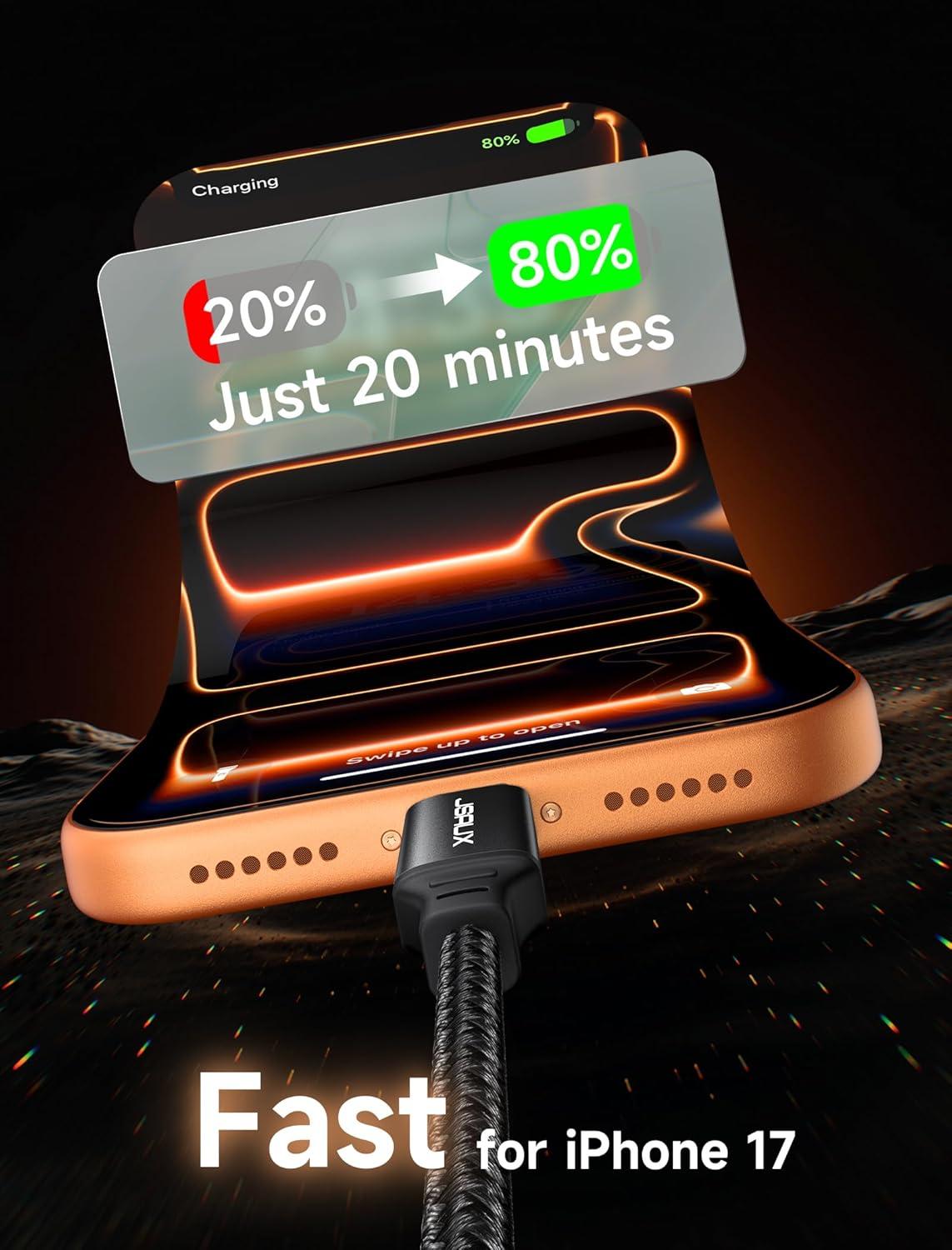 imageJSAUX 100W USB C to USB C Cable 2Pack 66FT Type C Fast Charging Cord Compatible with iPhone 17iPhone AiriPhone 17 ProiPhone 17 Pro Max iPhone 1615 Series Galaxy SNote MacBook iPad  GreyBlack