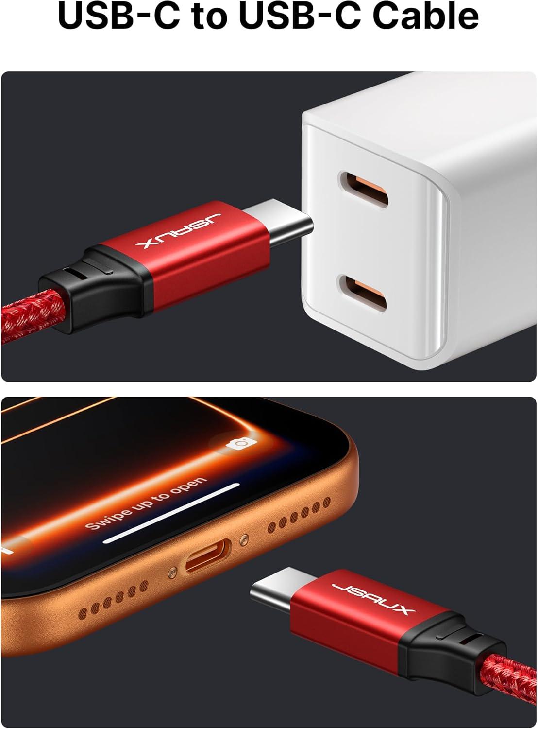 imageJSAUX 100W USB C to USB C Cable 2Pack 66FT Type C Fast Charging Cord Compatible with iPhone 17iPhone AiriPhone 17 ProiPhone 17 Pro Max iPhone 1615 Series Galaxy SNote MacBook iPad  GreyRed