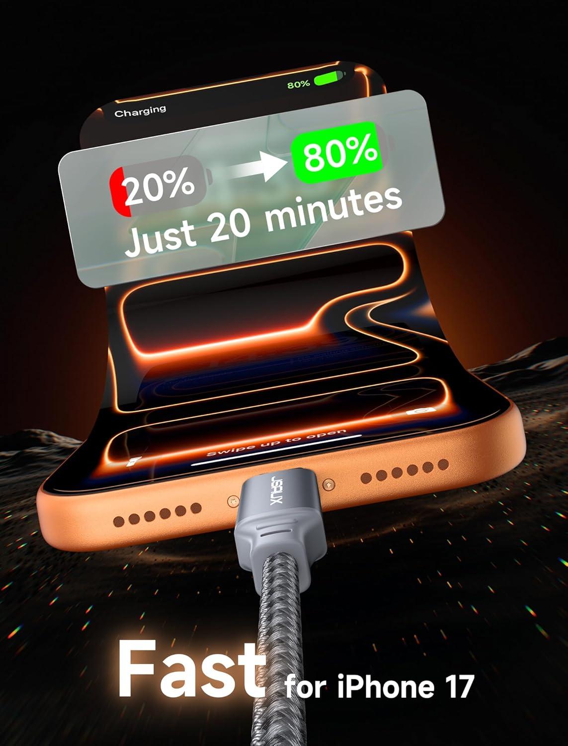 imageJSAUX 100W USB C to USB C Cable 2Pack 66FT Type C Fast Charging Cord Compatible with iPhone 17iPhone AiriPhone 17 ProiPhone 17 Pro Max iPhone 1615 Series Galaxy SNote MacBook iPad  GreyGrey