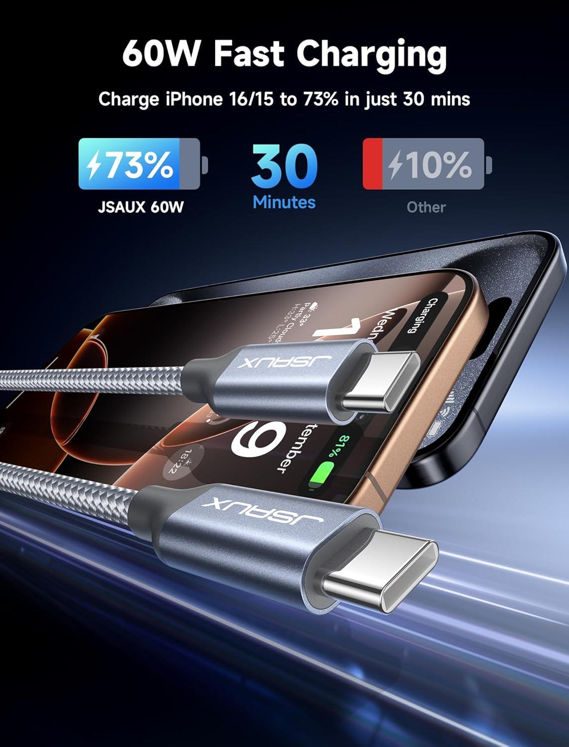 imageJSAUX 100W USB C to USB C Cable 2Pack 66FT Type C Fast Charging Cord Compatible with iPhone 17iPhone AiriPhone 17 ProiPhone 17 Pro Max iPhone 1615 Series Galaxy SNote MacBook iPad  GreyGrey