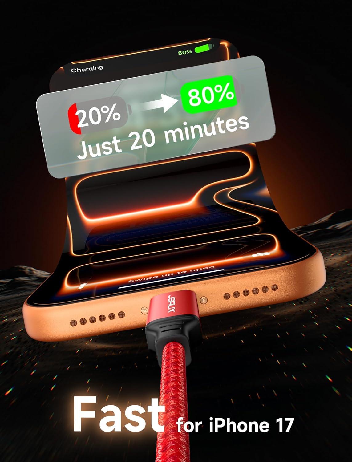 imageJSAUX 100W USB C to USB C Cable 2Pack 66FT Type C Fast Charging Cord Compatible with iPhone 17iPhone AiriPhone 17 ProiPhone 17 Pro Max iPhone 1615 Series Galaxy SNote MacBook iPad  GreyRed