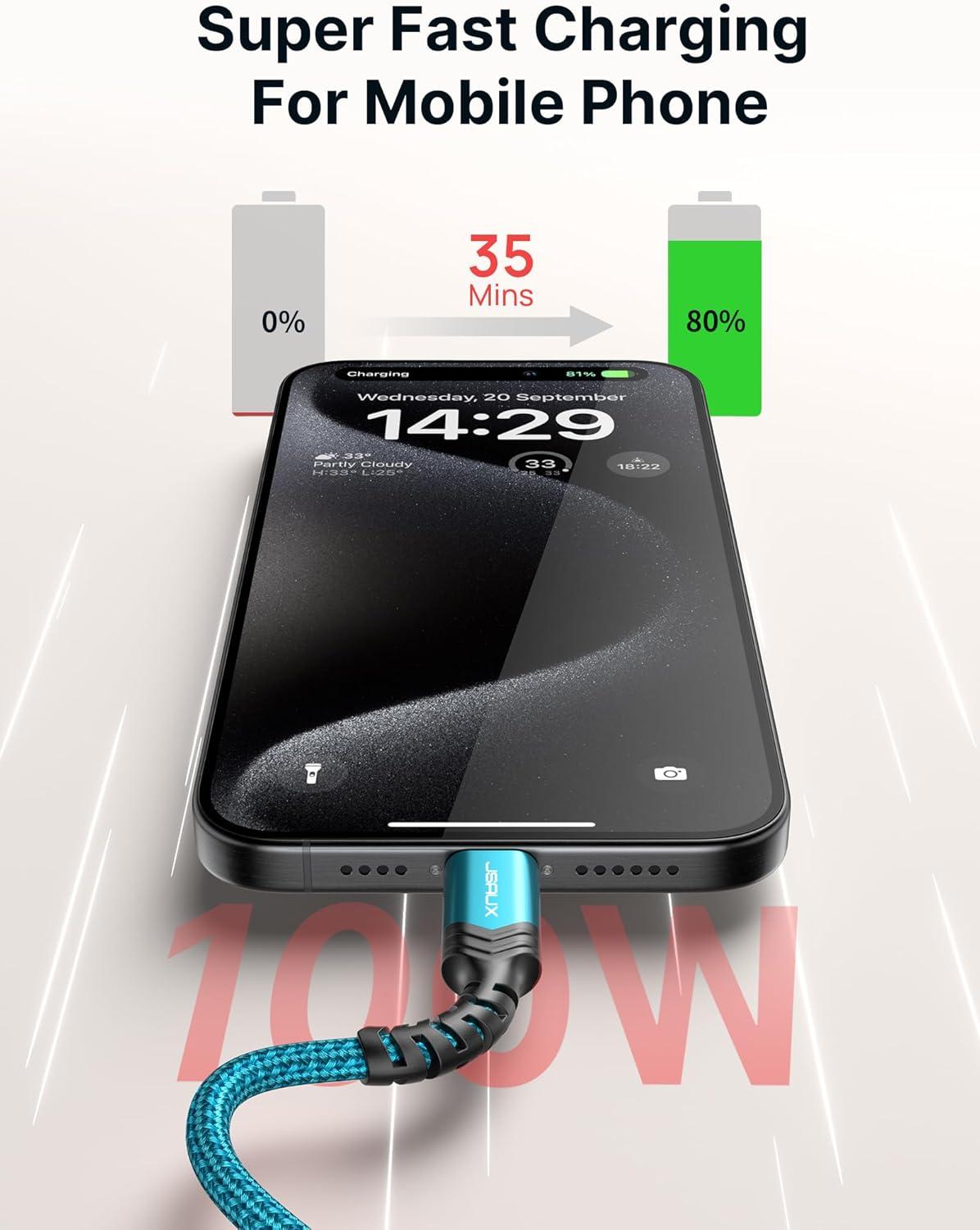 imageJSAUX 100W USB C to USB C Cable for iPhone 17 USBC Type C Charge Cord 5A Fast Charging Compatible with iPhone 17 Air 16 15 Pro Max Samsung Galaxy S25 S24 MacBook iPad Pro Carplay 66FT66FT RedGreen