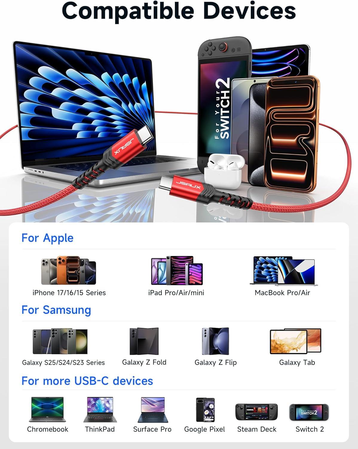 imageJSAUX 100W USB C to USB C Cable for iPhone 17 USBC Type C Charge Cord 5A Fast Charging Compatible with iPhone 17 Air 16 15 Pro Max Samsung Galaxy S25 S24 MacBook iPad Pro Carplay 66FT66FT RedRed