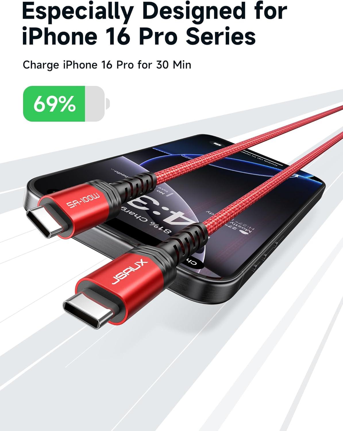 imageJSAUX 100W USB C to USB C Cable for iPhone 17 USBC Type C Charge Cord 5A Fast Charging Compatible with iPhone 17 Air 16 15 Pro Max Samsung Galaxy S25 S24 MacBook iPad Pro Carplay 66FT66FT RedRed
