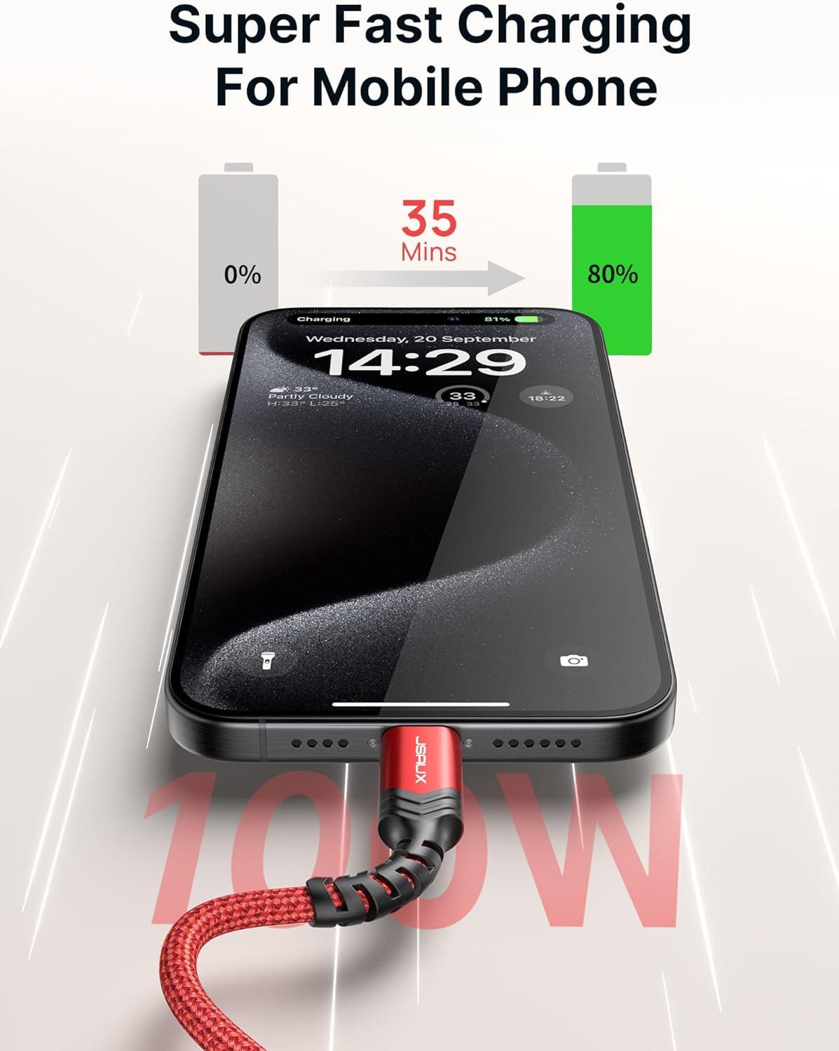 imageJSAUX 100W USB C to USB C Cable for iPhone 17 USBC Type C Charge Cord 5A Fast Charging Compatible with iPhone 17 Air 16 15 Pro Max Samsung Galaxy S25 S24 MacBook iPad Pro Carplay 66FT66FT RedRed