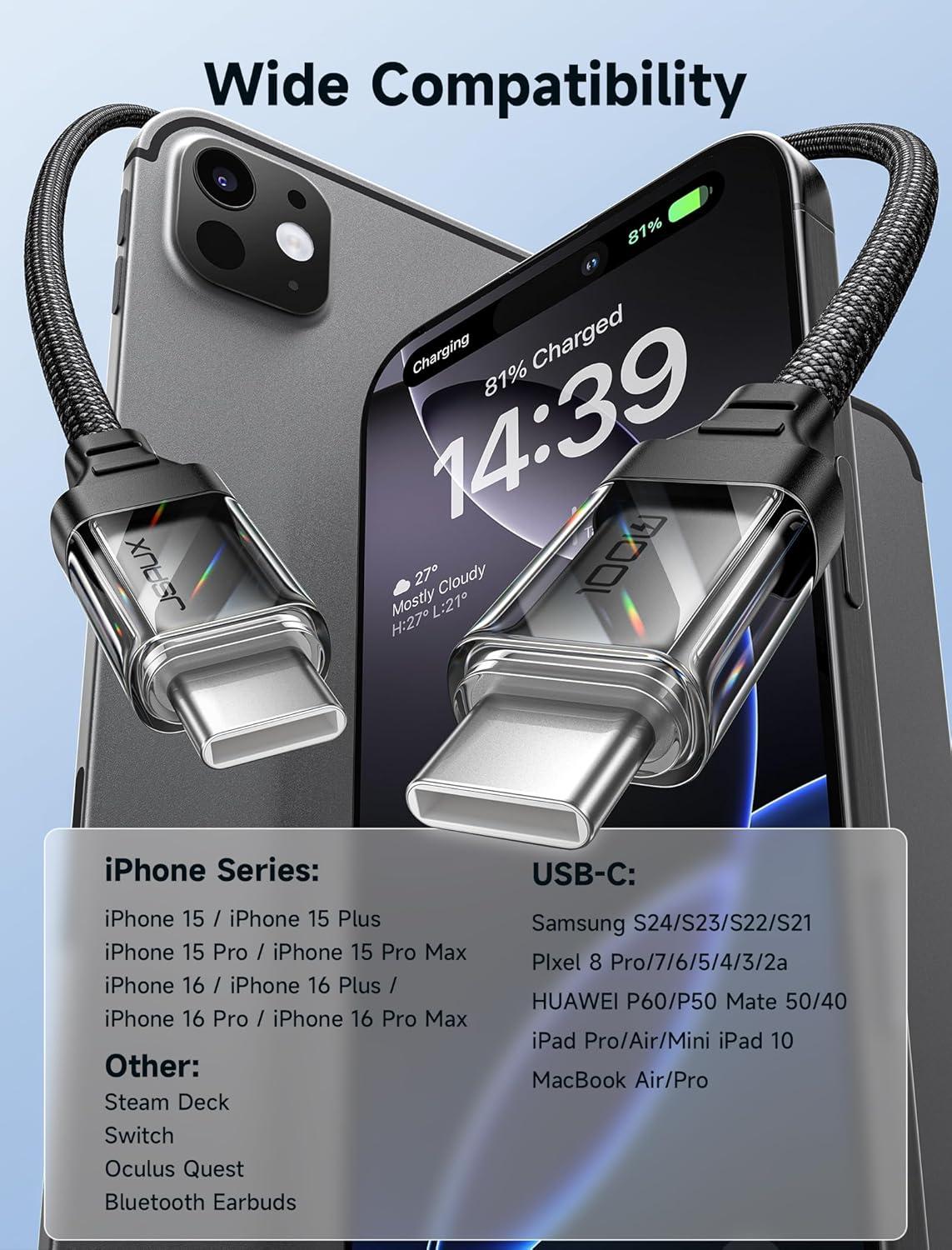 imageJSAUX 100W USB C to USB C Cable for iPhone 17 USBC Type C Charge Cord 5A Fast Charging Compatible with iPhone 17 Air 16 15 Pro Max Samsung Galaxy S25 S24 MacBook iPad Pro Carplay 66FT66FT RedCrystal Black