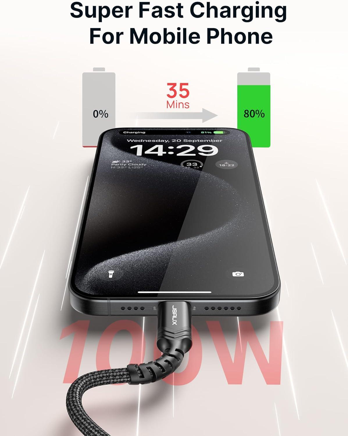 imageJSAUX 100W USB C to USB C Cable for iPhone 17 USBC Type C Charge Cord 5A Fast Charging Compatible with iPhone 17 Air 16 15 Pro Max Samsung Galaxy S25 S24 MacBook iPad Pro Carplay 66FT66FT RedBlack