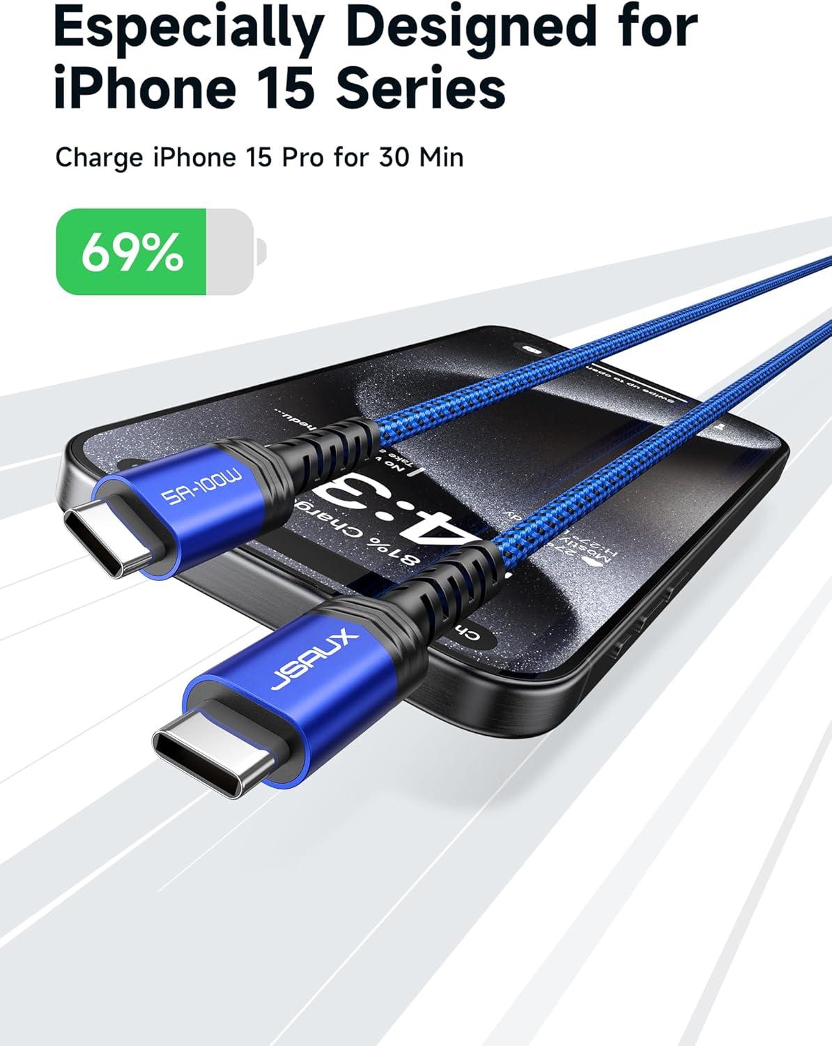 imageJSAUX 100W USB C to USB C Cable for iPhone 17 USBC Type C Charge Cord 5A Fast Charging Compatible with iPhone 17 Air 16 15 Pro Max Samsung Galaxy S25 S24 MacBook iPad Pro Carplay 66FT66FT RedBlue