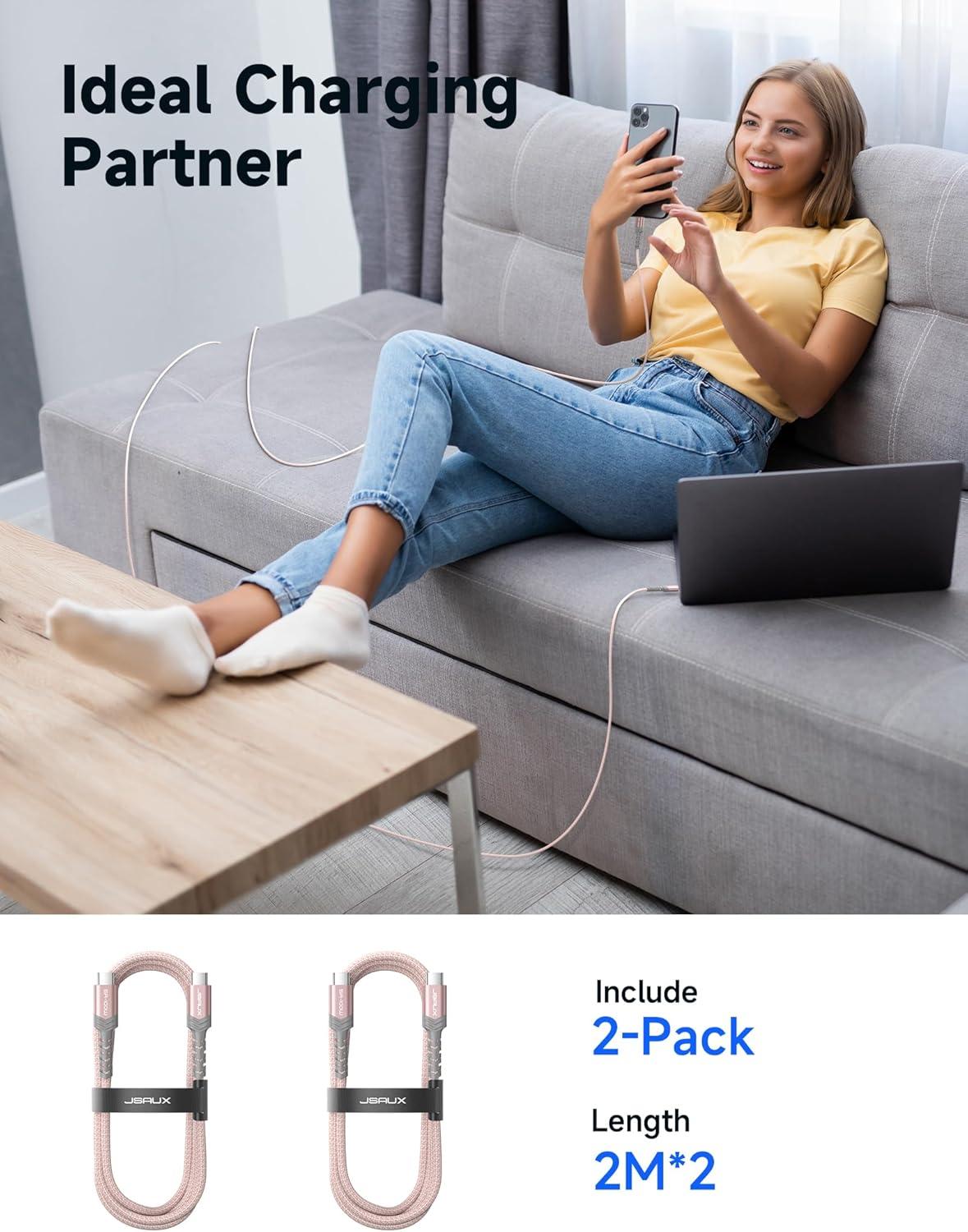 imageJSAUX 100W USB C to USB C Cable for iPhone 17 USBC Type C Charge Cord 5A Fast Charging Compatible with iPhone 17 Air 16 15 Pro Max Samsung Galaxy S25 S24 MacBook iPad Pro Carplay 66FT66FT RedPink