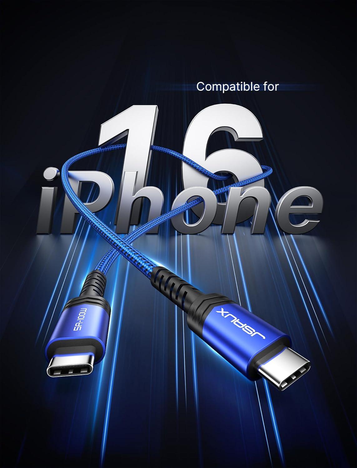 imageJSAUX 100W USB C to USB C Cable for iPhone 17 USBC Type C Charge Cord 5A Fast Charging Compatible with iPhone 17 Air 16 15 Pro Max Samsung Galaxy S25 S24 MacBook iPad Pro Carplay 66FT66FT RedBlue