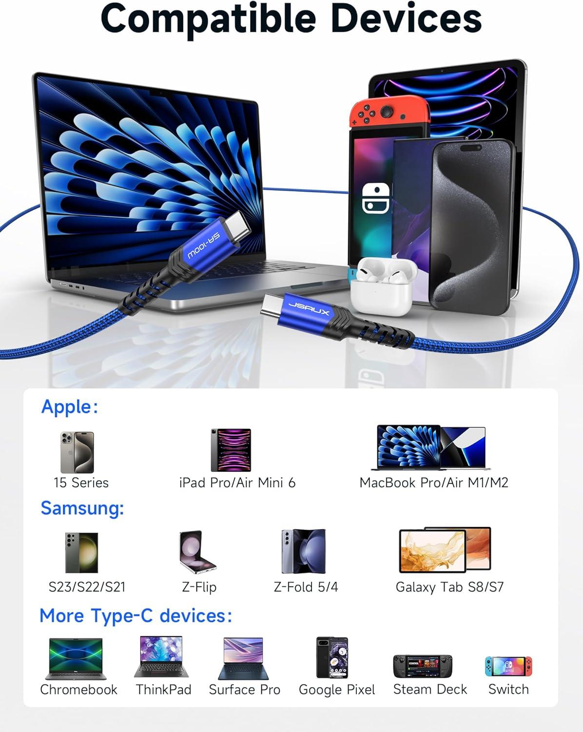 imageJSAUX 100W USB C to USB C Cable for iPhone 17 USBC Type C Charge Cord 5A Fast Charging Compatible with iPhone 17 Air 16 15 Pro Max Samsung Galaxy S25 S24 MacBook iPad Pro Carplay 66FT66FT RedBlue