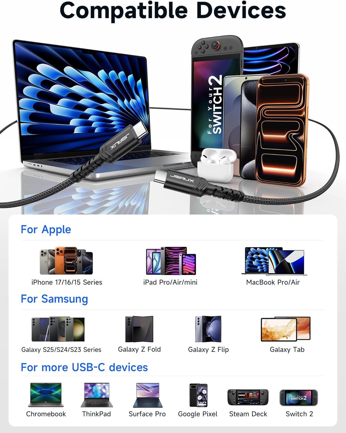 imageJSAUX 100W USB C to USB C Cable for iPhone 17 USBC Type C Charge Cord 5A Fast Charging Compatible with iPhone 17 Air 16 15 Pro Max Samsung Galaxy S25 S24 MacBook iPad Pro Carplay 66FT66FT RedBlack