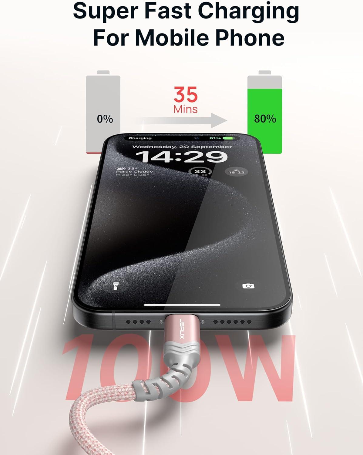 imageJSAUX 100W USB C to USB C Cable for iPhone 17 USBC Type C Charge Cord 5A Fast Charging Compatible with iPhone 17 Air 16 15 Pro Max Samsung Galaxy S25 S24 MacBook iPad Pro Carplay 66FT66FT RedPink