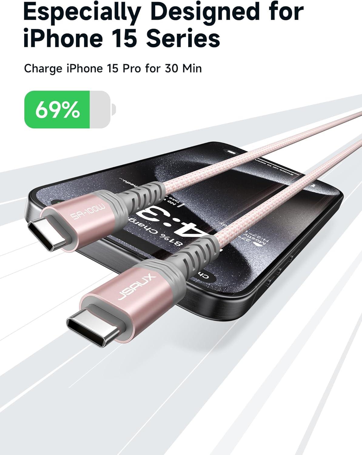 imageJSAUX 100W USB C to USB C Cable for iPhone 17 USBC Type C Charge Cord 5A Fast Charging Compatible with iPhone 17 Air 16 15 Pro Max Samsung Galaxy S25 S24 MacBook iPad Pro Carplay 66FT66FT RedPink