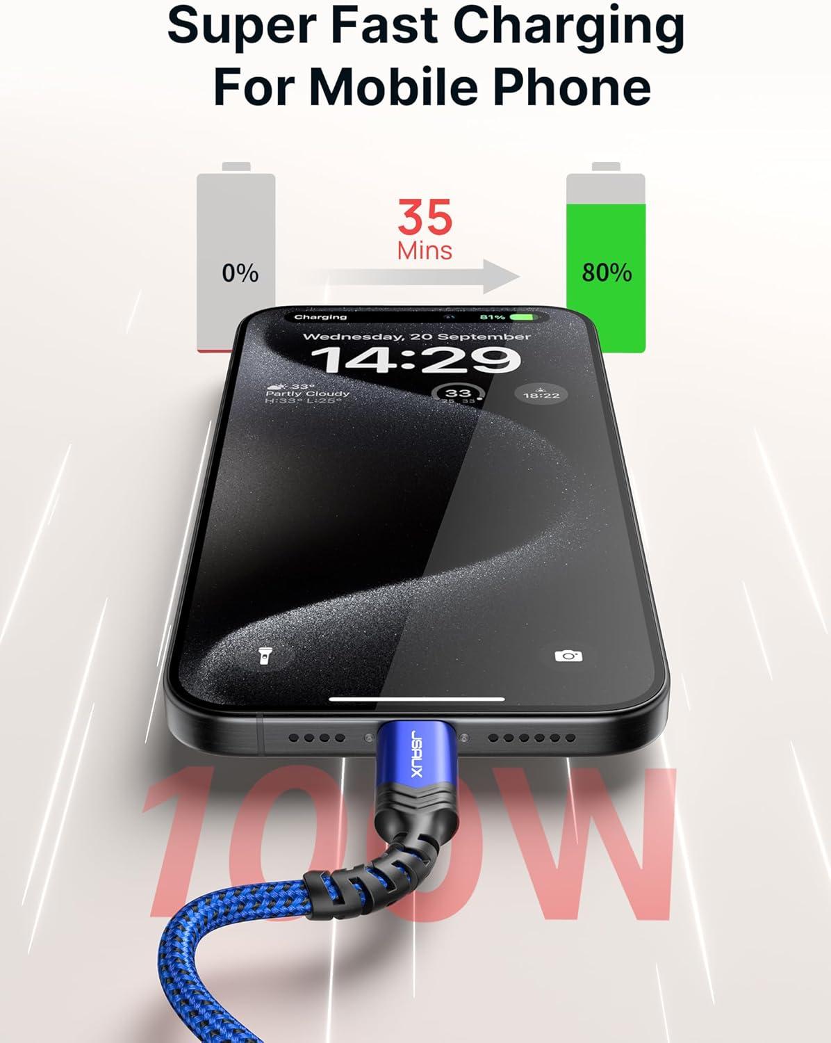 imageJSAUX 100W USB C to USB C Cable for iPhone 17 USBC Type C Charge Cord 5A Fast Charging Compatible with iPhone 17 Air 16 15 Pro Max Samsung Galaxy S25 S24 MacBook iPad Pro Carplay 66FT66FT RedBlue