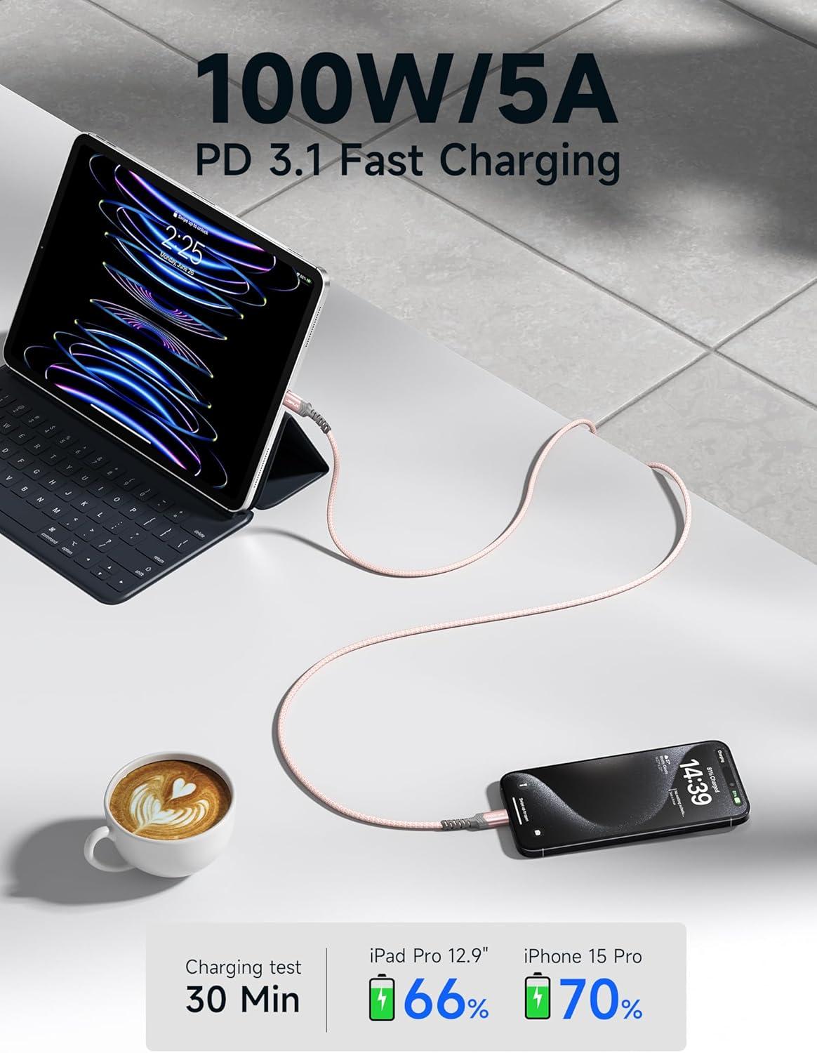 imageJSAUX 100W USB C to USB C Cable for iPhone 17 USBC Type C Charge Cord 5A Fast Charging Compatible with iPhone 17 Air 16 15 Pro Max Samsung Galaxy S25 S24 MacBook iPad Pro Carplay 66FT66FT RedPink