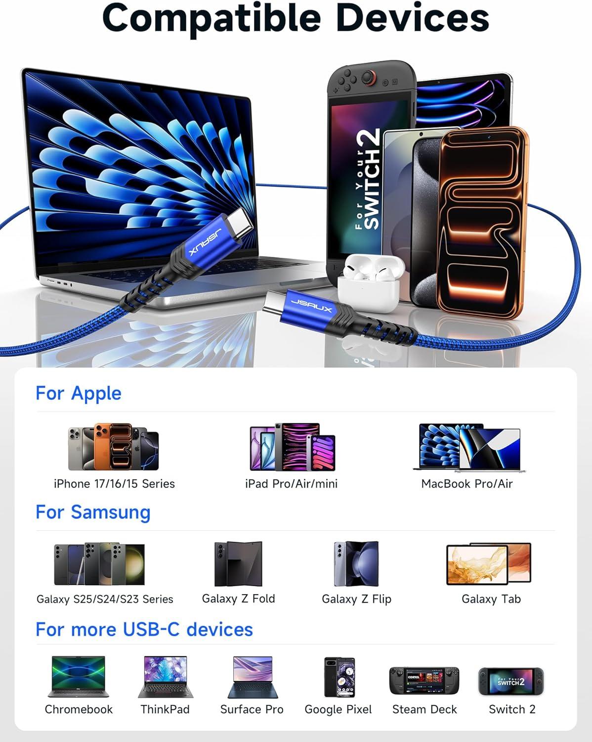 imageJSAUX 100W USB C to USB C Cable for iPhone 17 USBC Type C Charge Cord 5A Fast Charging Compatible with iPhone 17 Air 16 15 Pro Max Samsung Galaxy S25 S24 MacBook iPad Pro Carplay 66FT66FT RedBlue