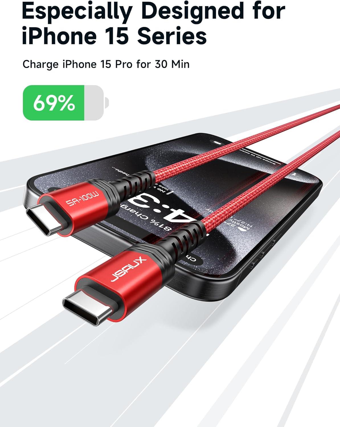 imageJSAUX 100W USB C to USB C Cable for iPhone 17 USBC Type C Charge Cord 5A Fast Charging Compatible with iPhone 17 Air 16 15 Pro Max Samsung Galaxy S25 S24 MacBook iPad Pro Carplay 66FT66FT RedRed
