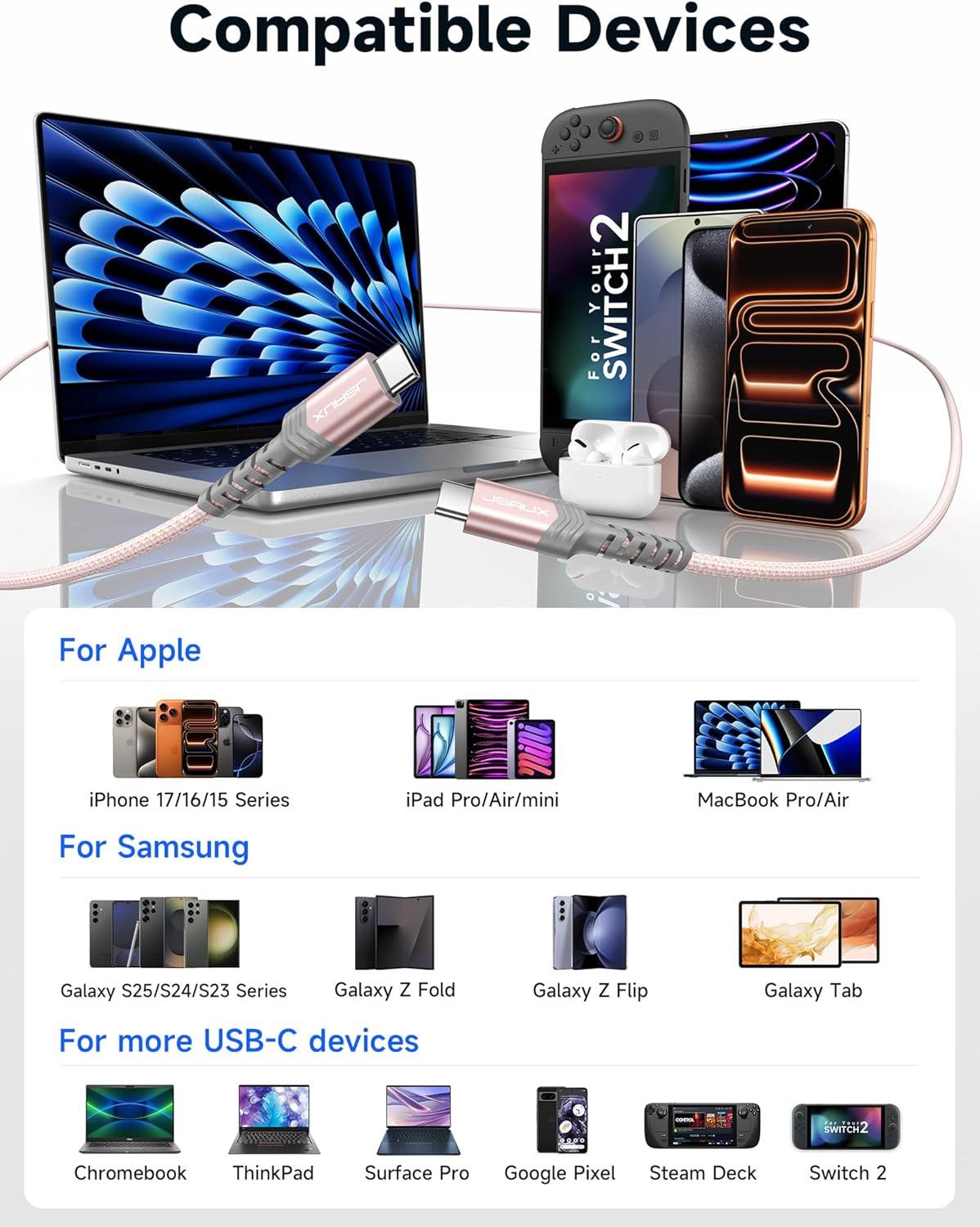 imageJSAUX 100W USB C to USB C Cable for iPhone 17 USBC Type C Charge Cord 5A Fast Charging Compatible with iPhone 17 Air 16 15 Pro Max Samsung Galaxy S25 S24 MacBook iPad Pro Carplay 66FT66FT RedPink