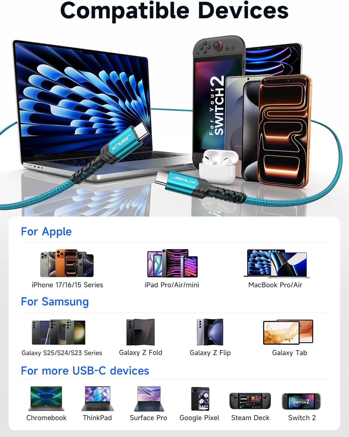 imageJSAUX 100W USB C to USB C Cable for iPhone 17 USBC Type C Charge Cord 5A Fast Charging Compatible with iPhone 17 Air 16 15 Pro Max Samsung Galaxy S25 S24 MacBook iPad Pro Carplay 66FT66FT RedGreen