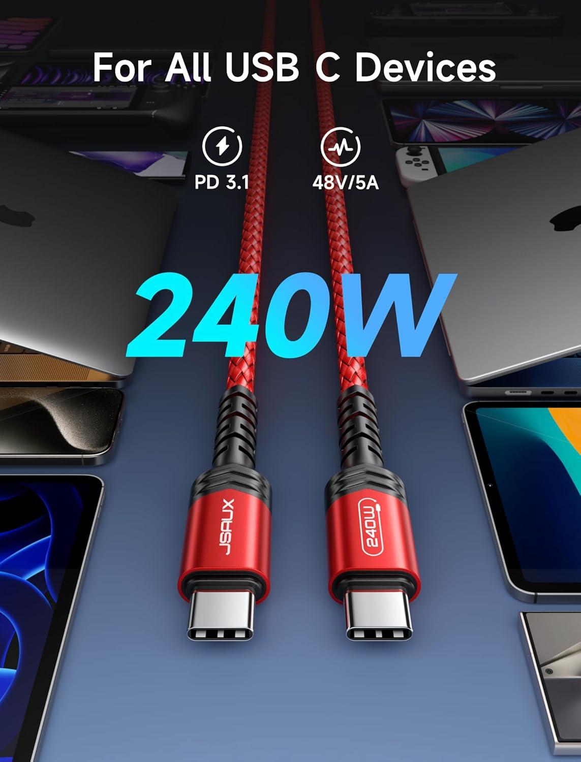 imageJSAUX 240W USB C to USB C Cable 10FT USB C Cord Type C Fast Charging for MacBook iPad Dell XPS iPhone 17iPhone AiriPhone 17 ProiPhone 17 Pro Max iPhone 1615 Samsung Galaxy Pixel  BlueRed
