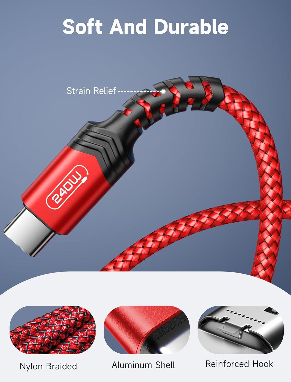 imageJSAUX 240W USB C to USB C Cable 10FT USB C Cord Type C Fast Charging for MacBook iPad Dell XPS iPhone 17iPhone AiriPhone 17 ProiPhone 17 Pro Max iPhone 1615 Samsung Galaxy Pixel  BlueRed