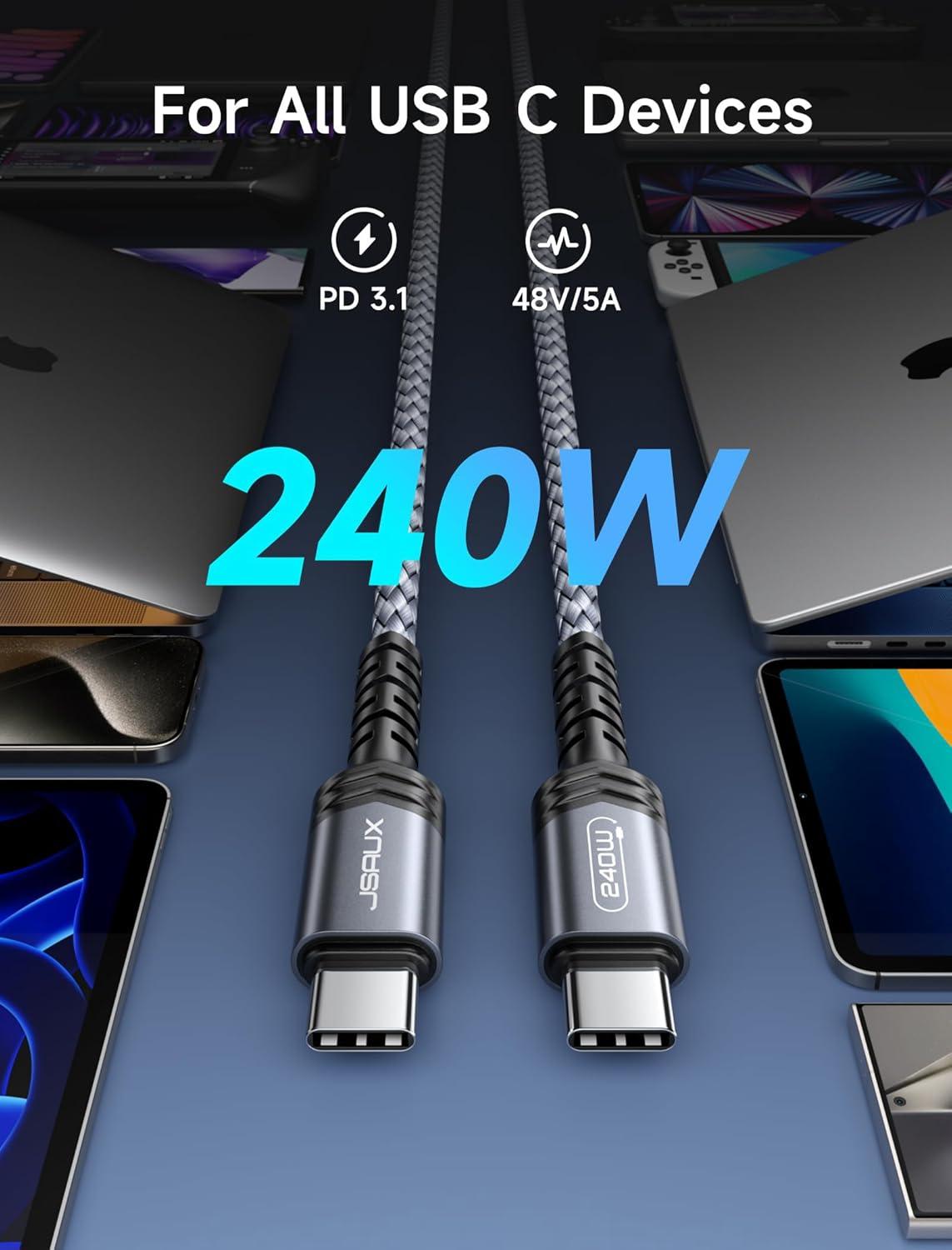 imageJSAUX 240W USB C to USB C Cable 10FT USB C Cord Type C Fast Charging for MacBook iPad Dell XPS iPhone 17iPhone AiriPhone 17 ProiPhone 17 Pro Max iPhone 1615 Samsung Galaxy Pixel  BlueGrey