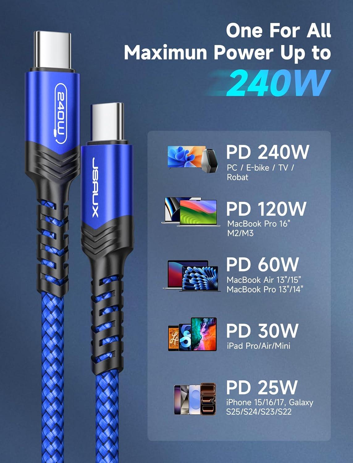 imageJSAUX 240W USB C to USB C Cable 10FT USB C Cord Type C Fast Charging for MacBook iPad Dell XPS iPhone 17iPhone AiriPhone 17 ProiPhone 17 Pro Max iPhone 1615 Samsung Galaxy Pixel  BlueBlue