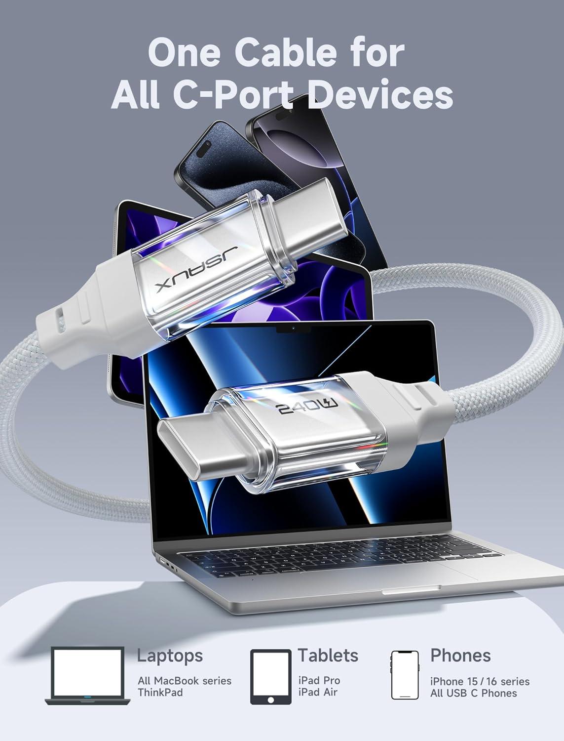 imageJSAUX 240W USB C to USB C Cable 10FT USB C Cord Type C Fast Charging for MacBook iPad Dell XPS iPhone 17iPhone AiriPhone 17 ProiPhone 17 Pro Max iPhone 1615 Samsung Galaxy Pixel  BlueWhite