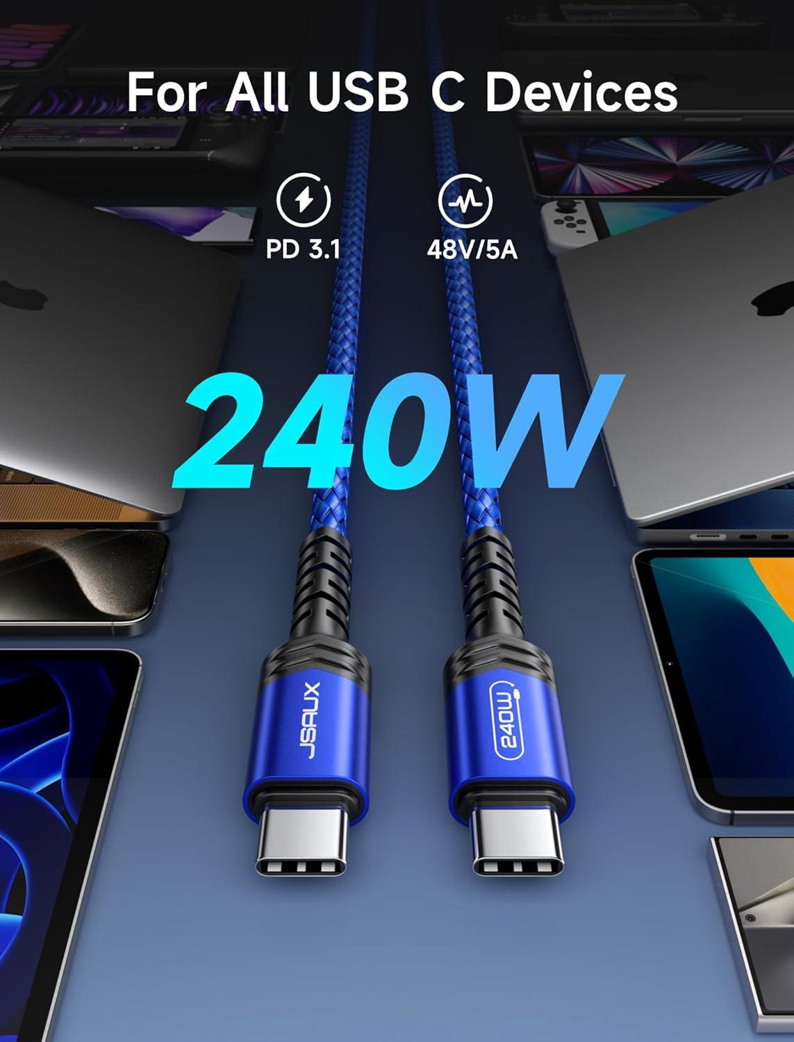 imageJSAUX 240W USB C to USB C Cable 10FT USB C Cord Type C Fast Charging for MacBook iPad Dell XPS iPhone 17iPhone AiriPhone 17 ProiPhone 17 Pro Max iPhone 1615 Samsung Galaxy Pixel  BlueBlue