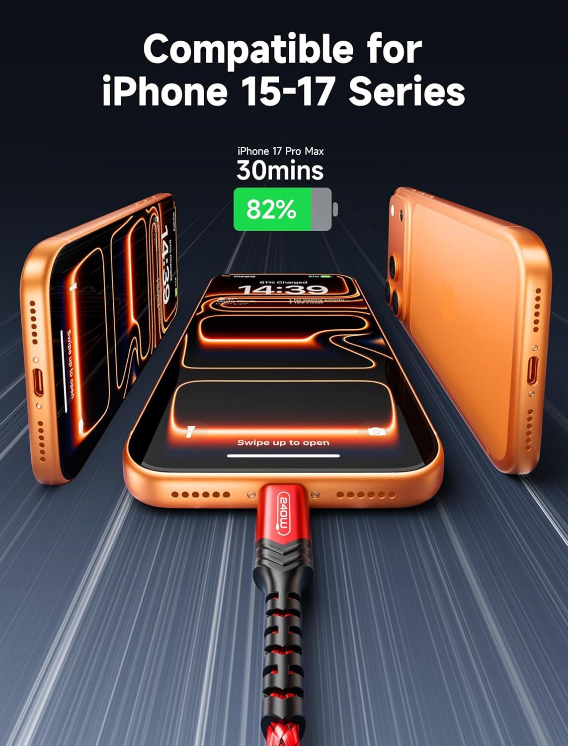 imageJSAUX 240W USB C to USB C Cable 10FT USB C Cord Type C Fast Charging for MacBook iPad Dell XPS iPhone 17iPhone AiriPhone 17 ProiPhone 17 Pro Max iPhone 1615 Samsung Galaxy Pixel  BlueRed