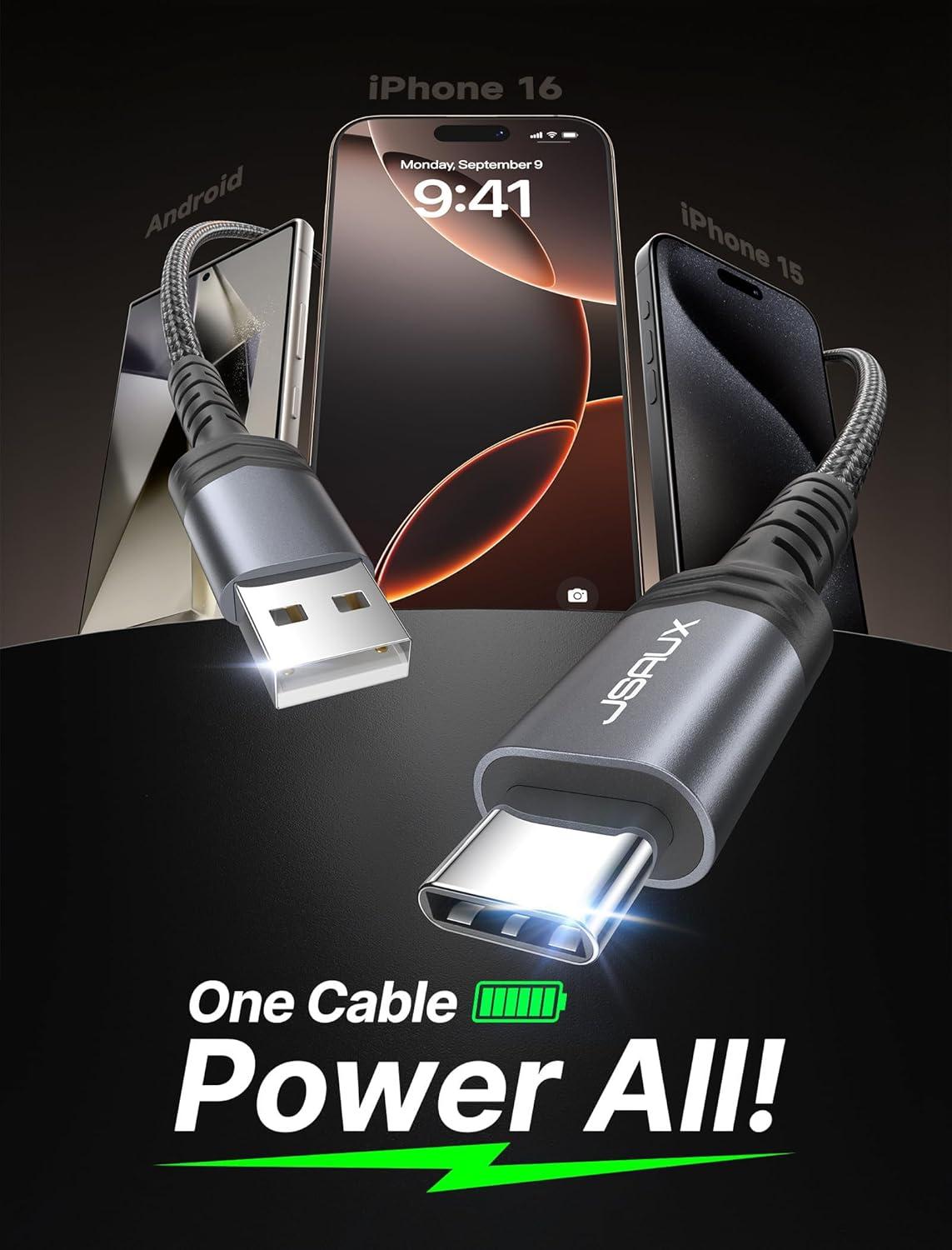 imageJSAUX USB C Cable Fast Charging 3Pack10ft66ft33ft USB A to Type C Charger Cord for iPhone 1717 Pro17 Pro Max iPhone 1616 Pro16 Pro Max Samsung Galaxy S23 S22 S20 USB C ChargerBlueGrey