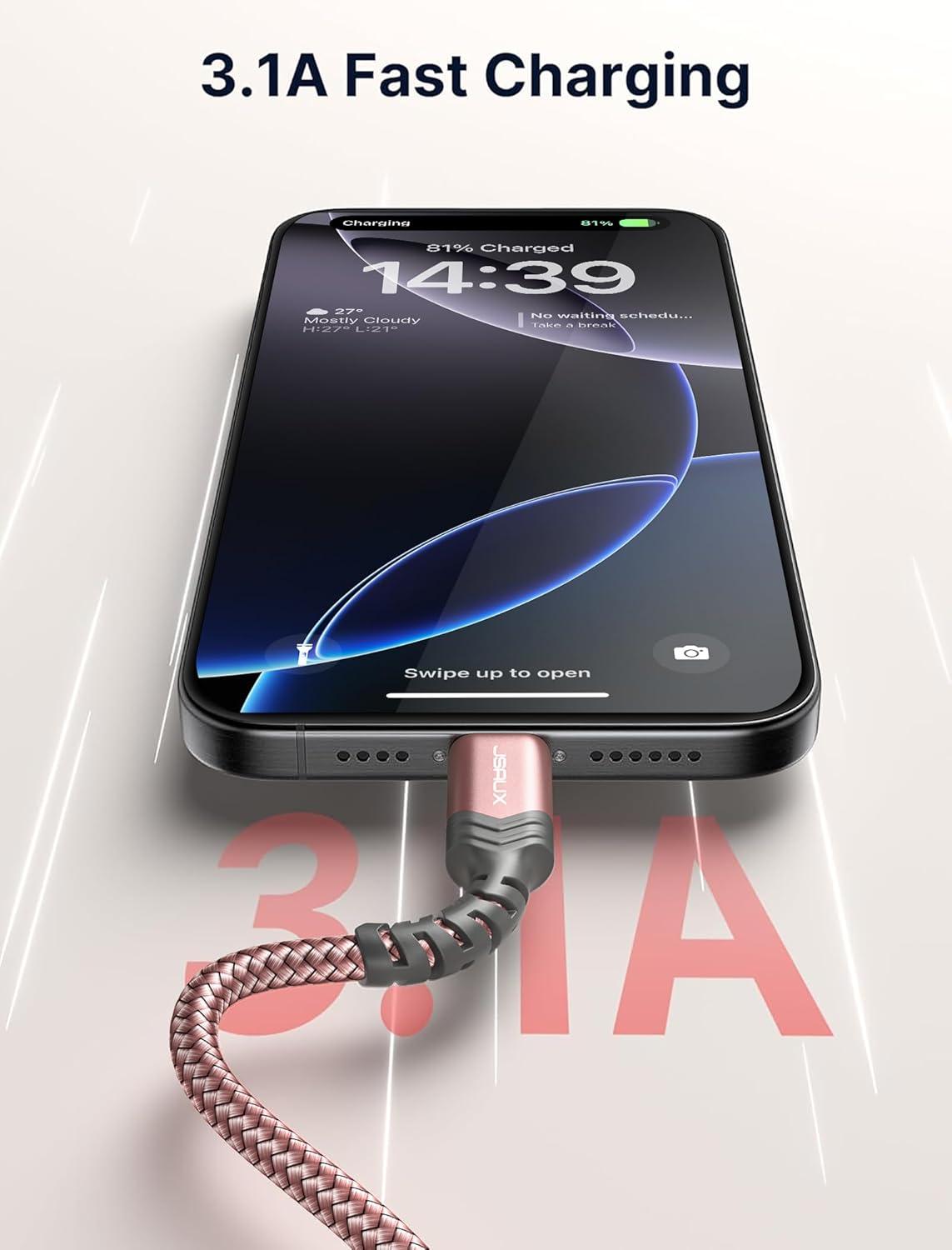 imageJSAUX USB C Cable Fast Charging 3Pack10ft66ft33ft USB A to Type C Charger Cord for iPhone 1717 Pro17 Pro Max iPhone 1616 Pro16 Pro Max Samsung Galaxy S23 S22 S20 USB C ChargerBlueRose Gold