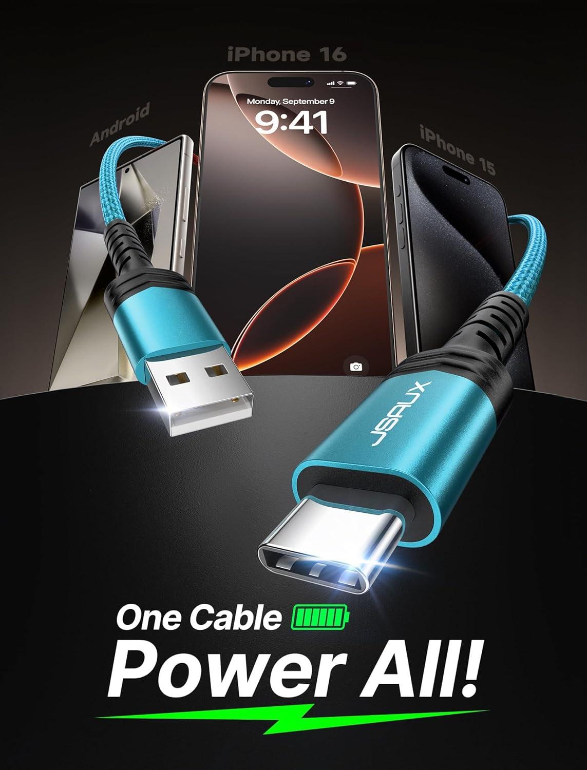 imageJSAUX USB C Cable Fast Charging 3Pack10ft66ft33ft USB A to Type C Charger Cord for iPhone 1717 Pro17 Pro Max iPhone 1616 Pro16 Pro Max Samsung Galaxy S23 S22 S20 USB C ChargerBlueGreen