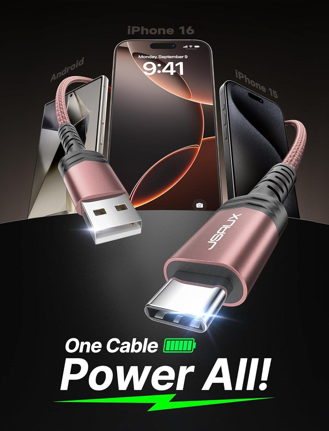 imageJSAUX USB C Cable Fast Charging 3Pack10ft66ft33ft USB A to Type C Charger Cord for iPhone 1717 Pro17 Pro Max iPhone 1616 Pro16 Pro Max Samsung Galaxy S23 S22 S20 USB C ChargerBlueRose Gold