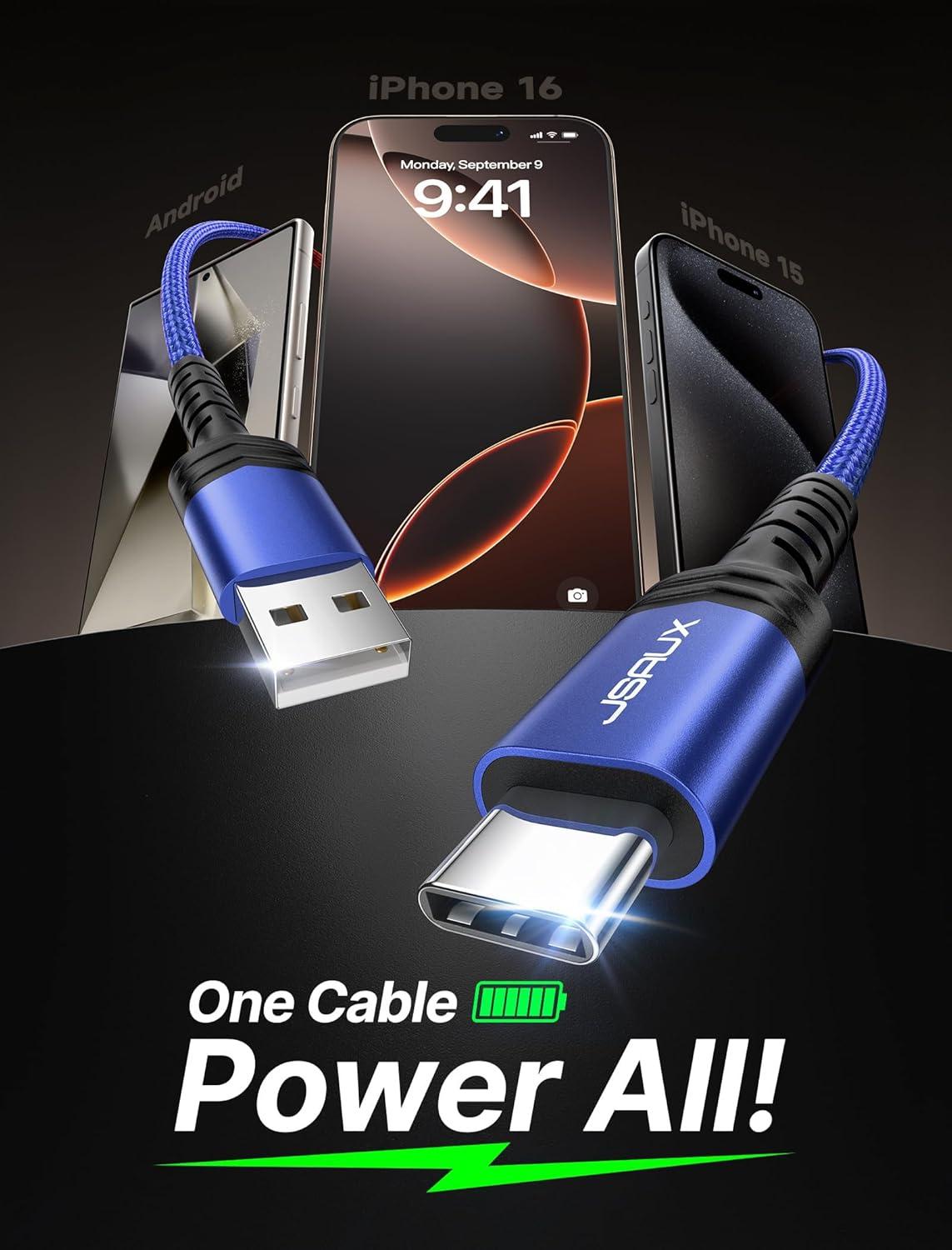 imageJSAUX USB C Cable Fast Charging 3Pack10ft66ft33ft USB A to Type C Charger Cord for iPhone 1717 Pro17 Pro Max iPhone 1616 Pro16 Pro Max Samsung Galaxy S23 S22 S20 USB C ChargerBlueBlue