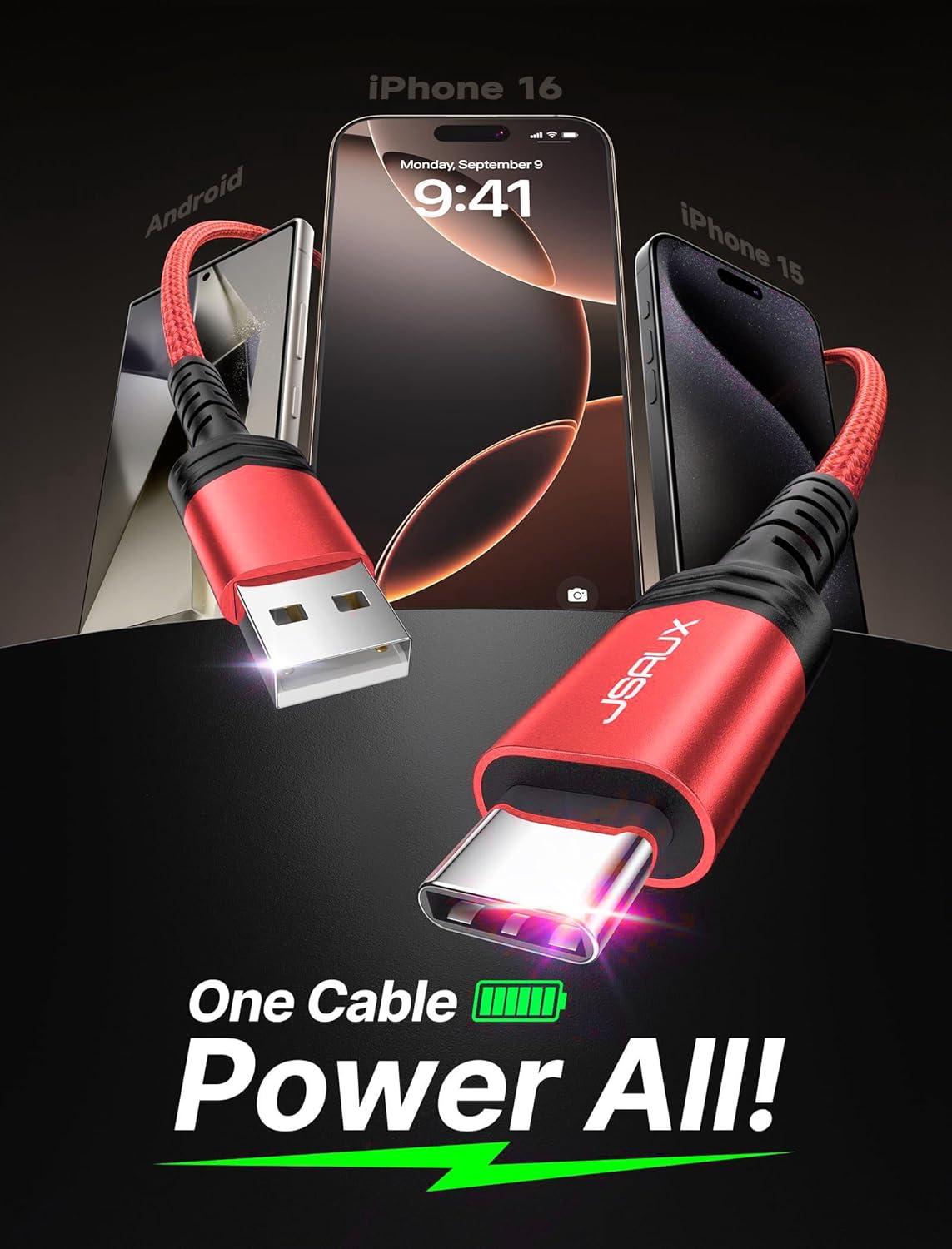 imageJSAUX USB C Cable Fast Charging 3Pack10ft66ft33ft USB A to Type C Charger Cord for iPhone 1717 Pro17 Pro Max iPhone 1616 Pro16 Pro Max Samsung Galaxy S23 S22 S20 USB C ChargerBlueRed