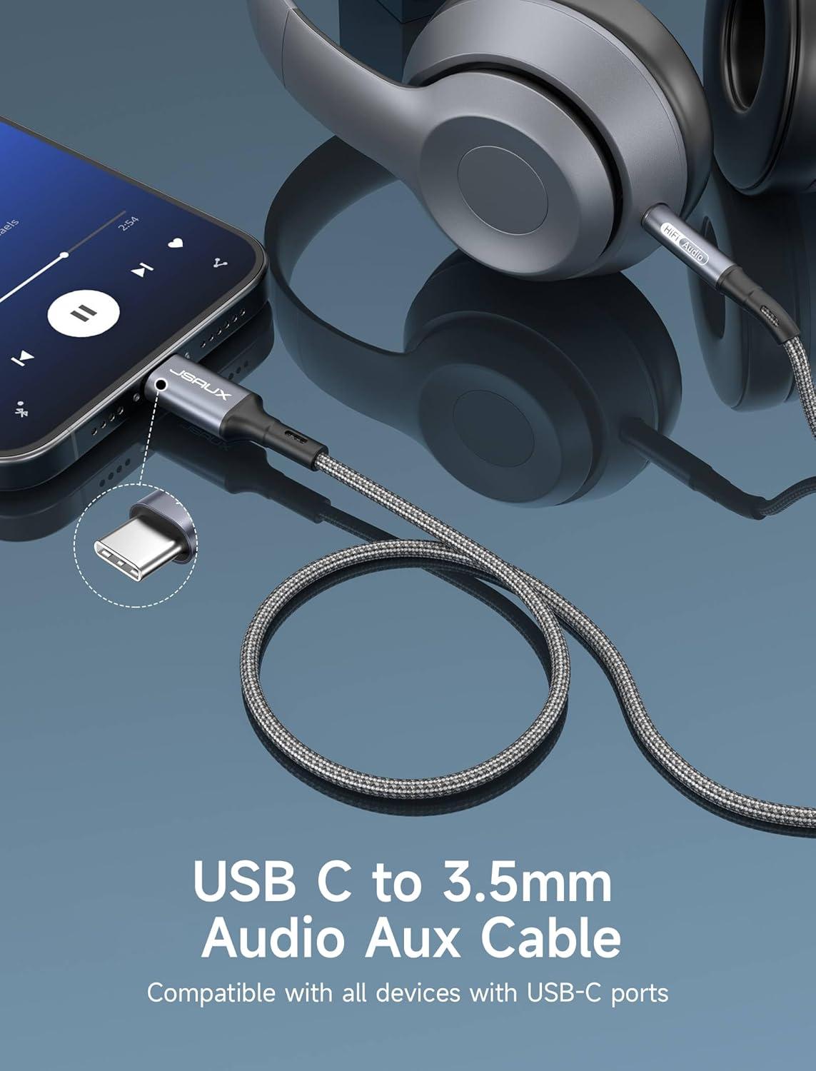 imageJSAUX USB C to 35mm Audio Aux Cable 99ft USB Type C to 35mm Headphone Stereo Car Cord Compatible with iPhone 17161514 Pro Max Plus Samsung Galaxy S24S23S22S21 Ultra iPad Pro Pixel 98Grey