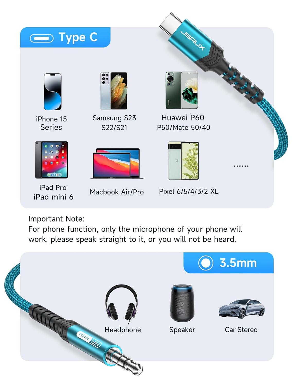 imageJSAUX USB C to 35mm Audio Aux Jack Cable for iPhone 17 Pro MaxAir 33ft Type C to 35mm Headphone Car Stereo Cord Compatible with iPhone 1615 Pro MaxSamsung Galaxy S25 S24 iPad Pro Pixel 98Greenstandard