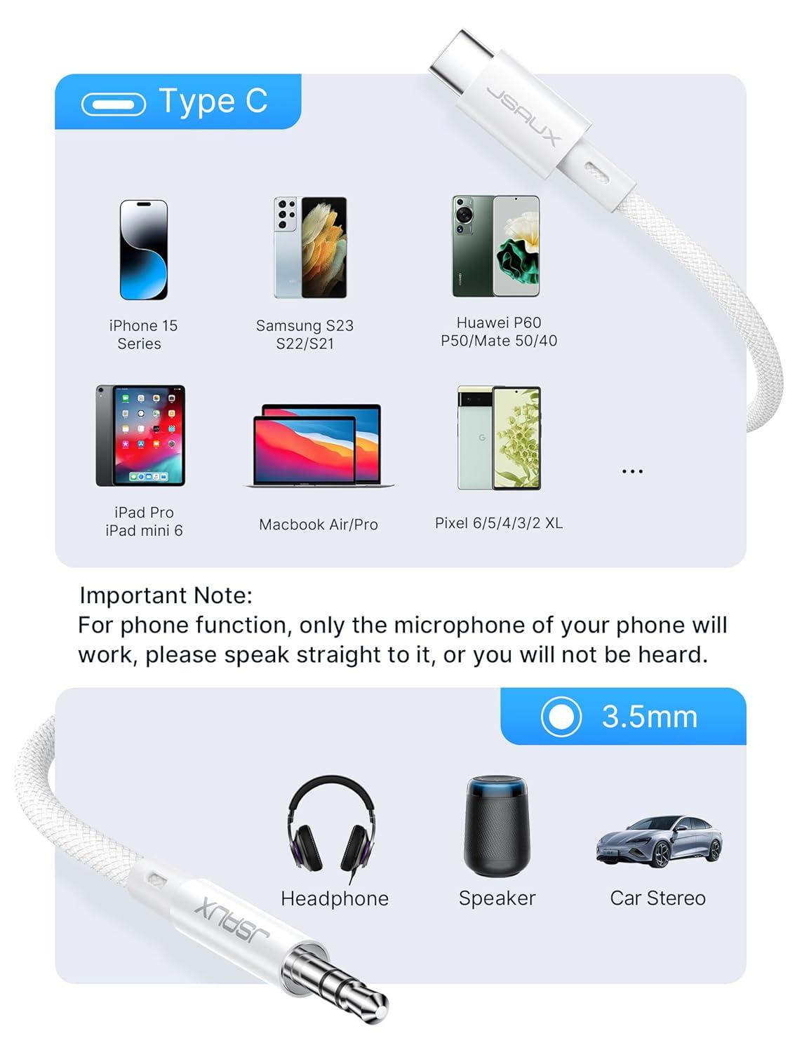 imageJSAUX USB C to 35mm Audio Aux Jack Cable for iPhone 17 Pro MaxAir 33ft Type C to 35mm Headphone Car Stereo Cord Compatible with iPhone 1615 Pro MaxSamsung Galaxy S25 S24 iPad Pro Pixel 98Whitestandard