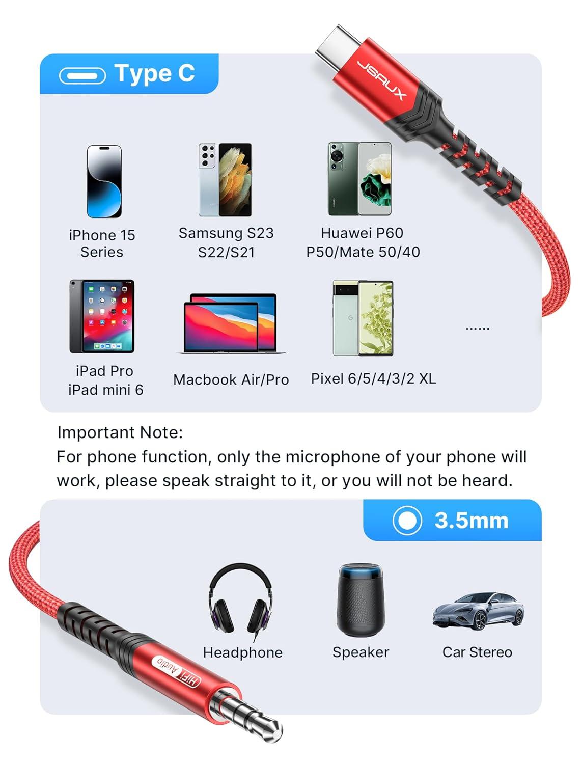 imageJSAUX USB C to 35mm Audio Aux Jack Cable for iPhone 17 Pro MaxAir 33ft Type C to 35mm Headphone Car Stereo Cord Compatible with iPhone 1615 Pro MaxSamsung Galaxy S25 S24 iPad Pro Pixel 98Redstandard