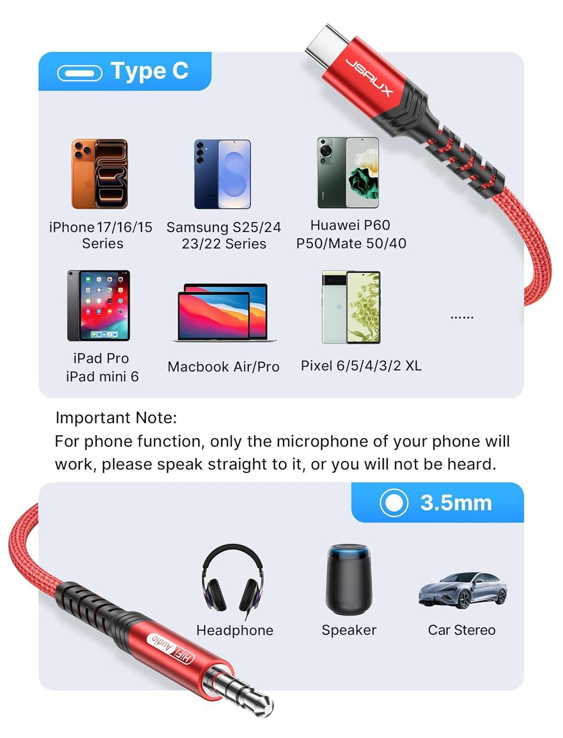 imageJSAUX USB C to 35mm Audio Aux Jack Cable for iPhone 17 Pro MaxAir 33ft Type C to 35mm Headphone Car Stereo Cord Compatible with iPhone 1615 Pro MaxSamsung Galaxy S25 S24 iPad Pro Pixel 98Redstandard