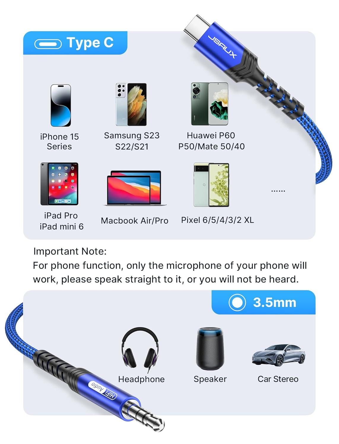 imageJSAUX USB C to 35mm Audio Aux Jack Cable for iPhone 17 Pro MaxAir 33ft Type C to 35mm Headphone Car Stereo Cord Compatible with iPhone 1615 Pro MaxSamsung Galaxy S25 S24 iPad Pro Pixel 98Bluestandard