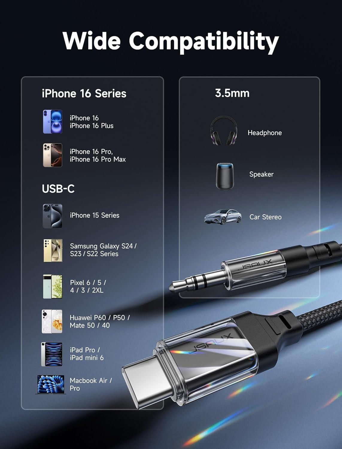imageJSAUX USB C to 35mm Audio Aux Jack Cable for iPhone 17 Pro MaxAir 33ft Type C to 35mm Headphone Car Stereo Cord Compatible with iPhone 1615 Pro MaxSamsung Galaxy S25 S24 iPad Pro Pixel 98Crystal Black