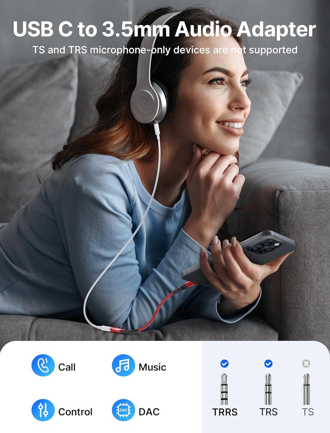 imageJSAUX USB Type C to 35mm Female Headphone Jack Adapter USB C to Aux Audio Dongle Cable Cord Compatible with iPhone 17 Pro Max16 Pro15 Samsung Galaxy S24S23S22 Ultra iPad Pro Pixel 98 GreyRed