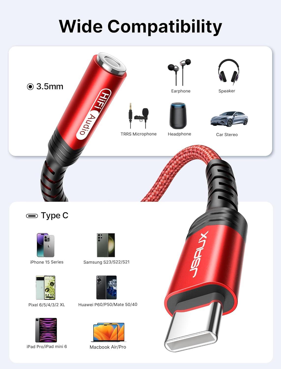 imageJSAUX USB Type C to 35mm Female Headphone Jack Adapter USB C to Aux Audio Dongle Cable Cord Compatible with iPhone 17 Pro Max16 Pro15 Samsung Galaxy S24S23S22 Ultra iPad Pro Pixel 98 GreyRed