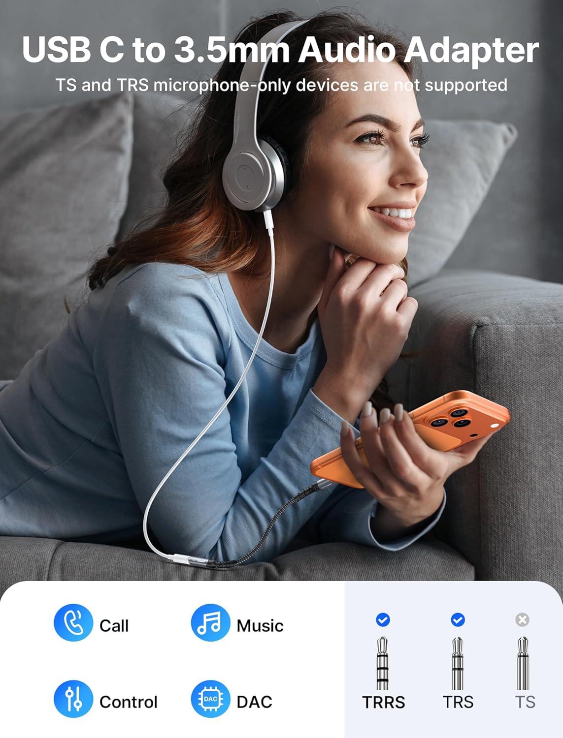 imageJSAUX USB Type C to 35mm Female Headphone Jack Adapter USB C to Aux Audio Dongle Cable Cord Compatible with iPhone 17 Pro Max16 Pro15 Samsung Galaxy S24S23S22 Ultra iPad Pro Pixel 98 GreyGrey